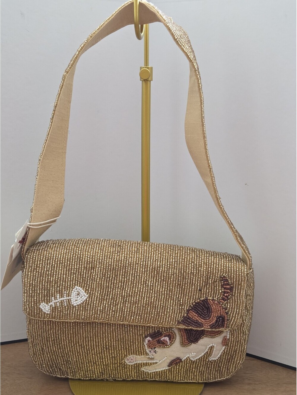 NWT Sol & Mer Beaded Cat Shoulder Bag Gold Calico Kitty Fish Bone Purse